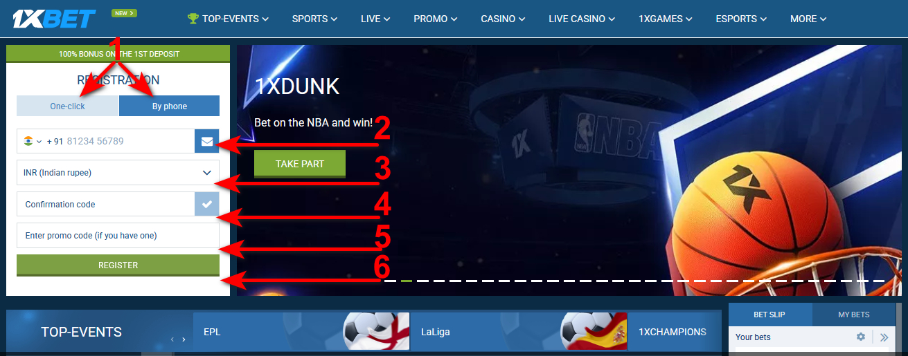 Registration at 1xBet